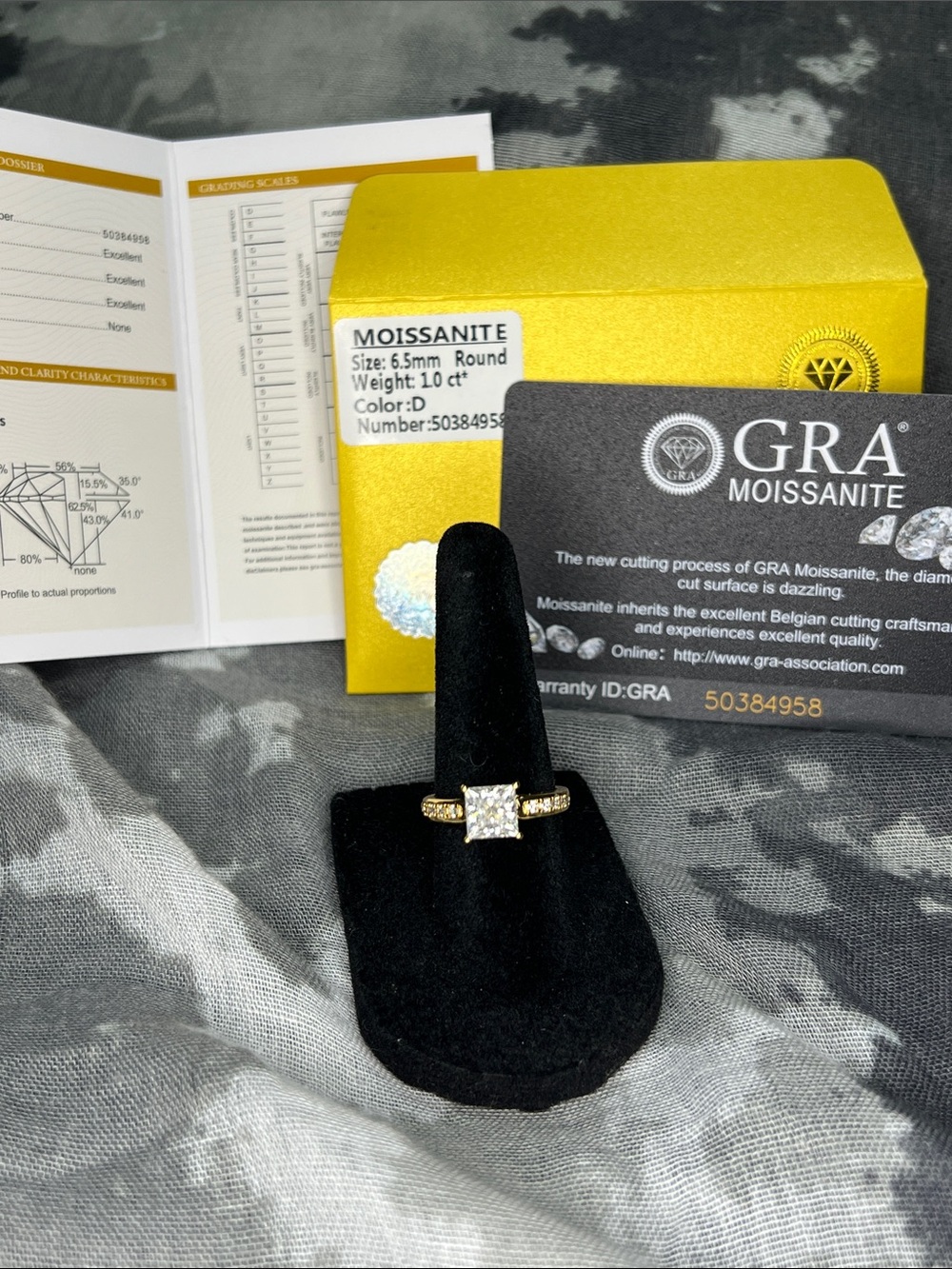 GRA Moissanite Princess Cut Ring 1ct in 18k Gold over Sterling Silver 925